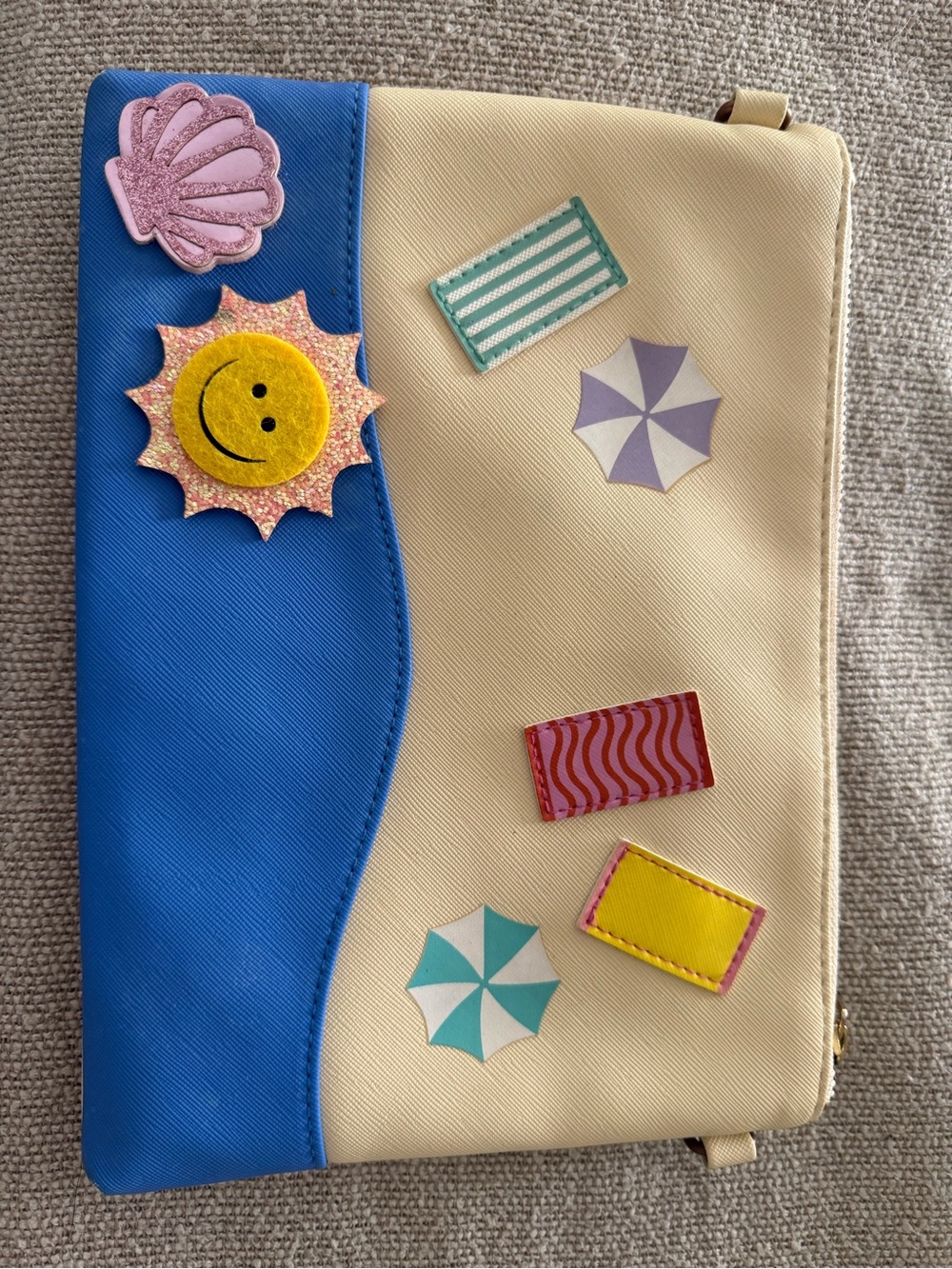 Beach Patchwork Clutch Wristlet in Blue and Cream